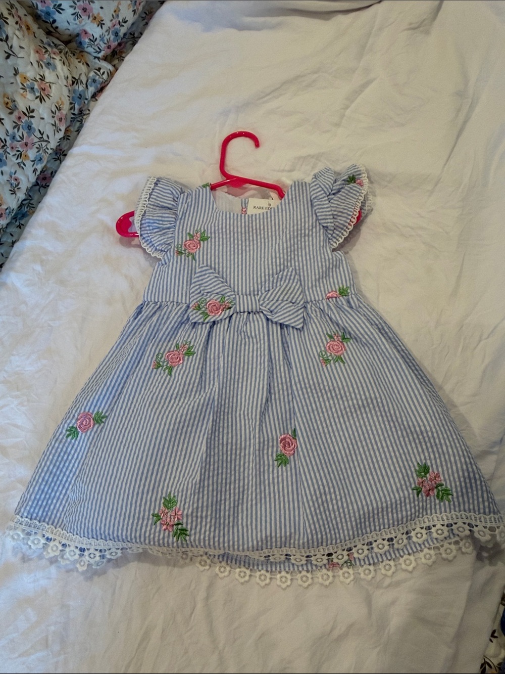 Rare Editions Blue and White Striped Floral Dress with Bow
